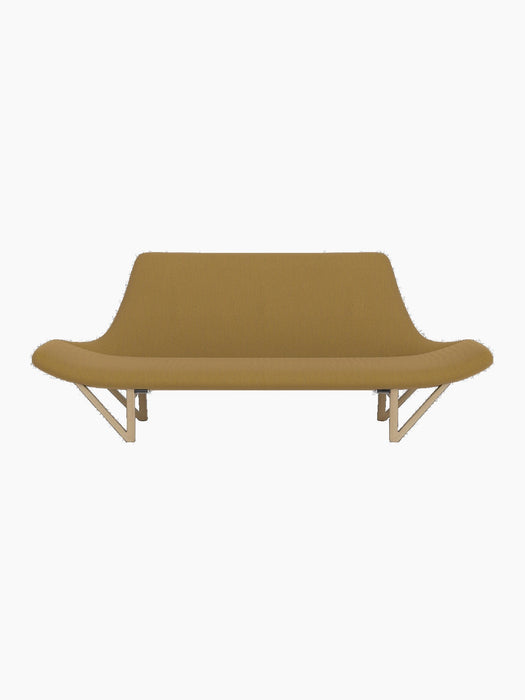 Front view of the Pagode Sofa upholstered in ochre Re-Wool 448 fabric with a natural oak frame and distinctive V-shaped legs.