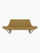 The Pagode Sofa, viewed from the front. It has yellow Re-Wool upholstery, low curved armrests, and V-shaped walnut legs.