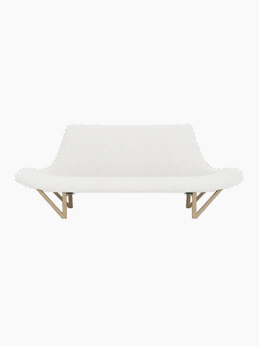 Top-down view of the Pagode Sofa in white Hallingdal 110 upholstery and natural oak frame with V-shaped legs.