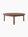 A front-facing image of the Passage Lounge Table in walnut. The round, wooden coffee table has four legs and a smooth finish.