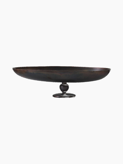 Front view of the Relevé Platter in black wood, showcasing its wide, shallow oval shape atop a short, sculpted pedestal base.