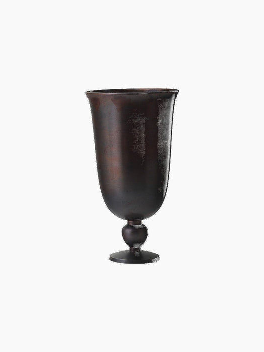 Front view of a chalice-shaped vase in a dark, burnished bronze finish, with a wide rim and a knot on its stem.