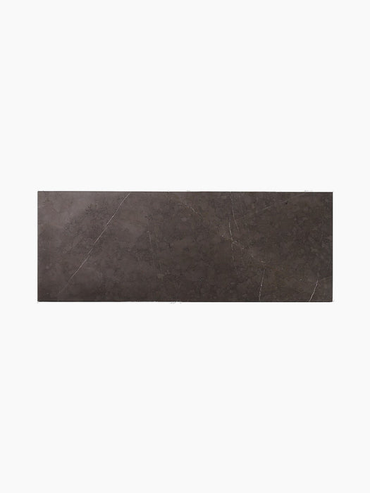 Top-down view of the Plinth Bridge tabletop in Grey Kendzo marble, with its rich dark grey colour and intricate veining.