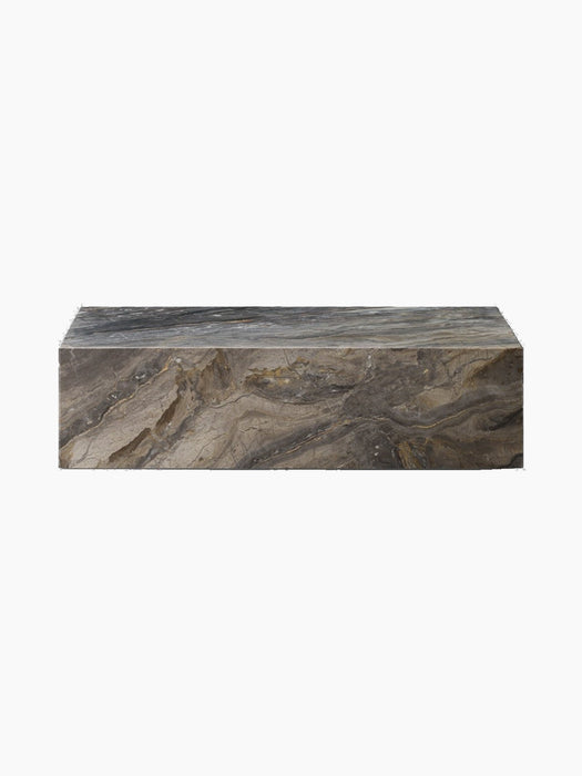 Front view of the Plinth Low in Grey Galaxy Marble. The rectangular podium features intricate grey, brown and gold veining.