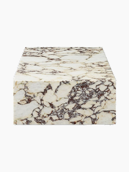 Back view of the Plinth Low table in Calacatta Viola marble, a rectangular block with striking deep purple and rose veining.