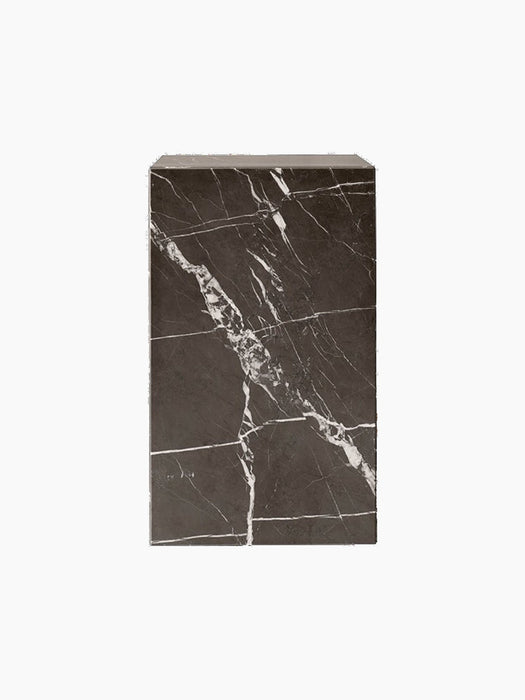 A rectangular Plinth Tall pedestal in polished Brown-Grey Marble. The dark stone features dramatic, intersecting white veins.