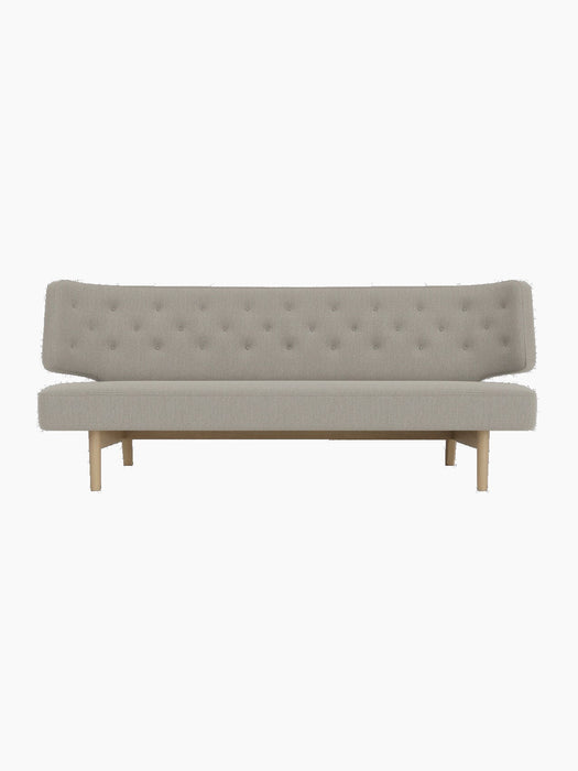 Front view of the Radiohus Sofa P2 in light grey Re-wool 218 upholstery with a button-tufted back and natural oak frame.