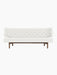 Front view of Radiohus Sofa P2 with walnut frame, light grey Hallingdal upholstery, and brown leather buttons on backrest.