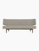 Front view of the Radiohus Sofa P2 with a walnut frame, light grey Re-Wool upholstery and brown Dakar leather buttons.