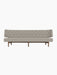 Front view of the Radiohus Sofa P3 with light grey Re-Wool upholstery, tan Dakar leather buttons and a dark walnut frame.