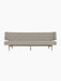 Front-on studio shot of the Radiohus Sofa P3 in light grey Re-Wool fabric with a natural oak base and brown leather buttons.