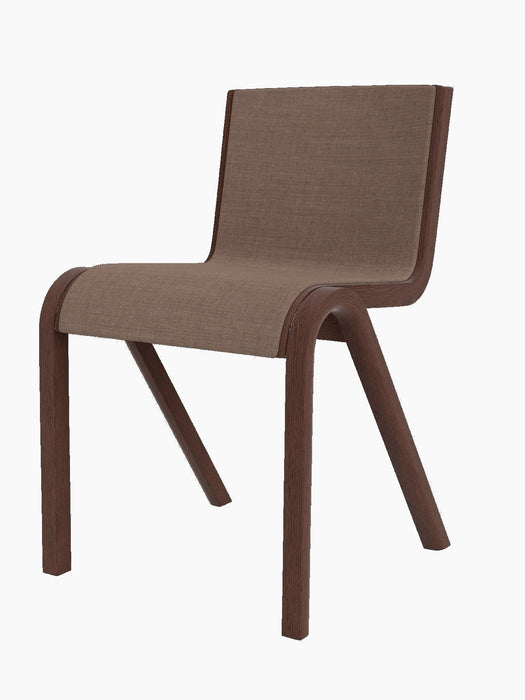 A side view of the Ready Dining Chair, Front Upholstered. The chair features a red-stained oak frame and brown canvas fabric.