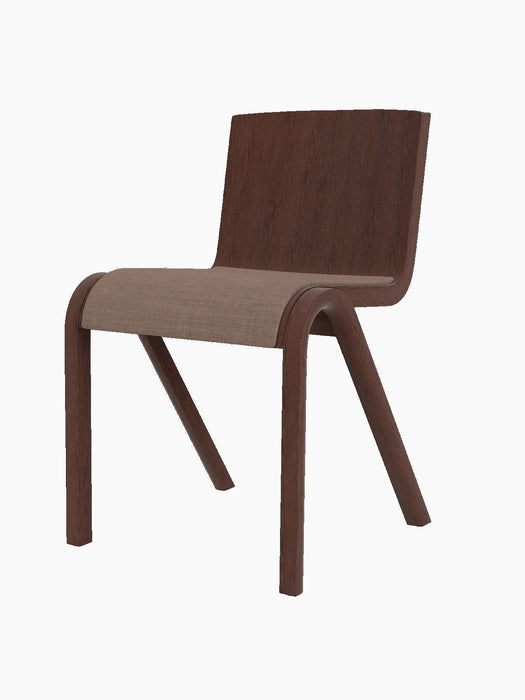 Ready Dining Chair, Seat Upholstered, in red stained oak with a light brown canvas upholstered seat, on a black background.