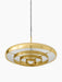 A low-angle shot of the polished brass Resonant Pendant lamp, showing its four concentric shades against a black background.