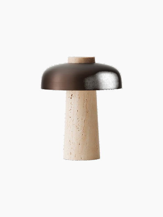 Reverse Table Lamp, Portable with a conical travertine base and a curved, bronzed aluminium shade on a black background.