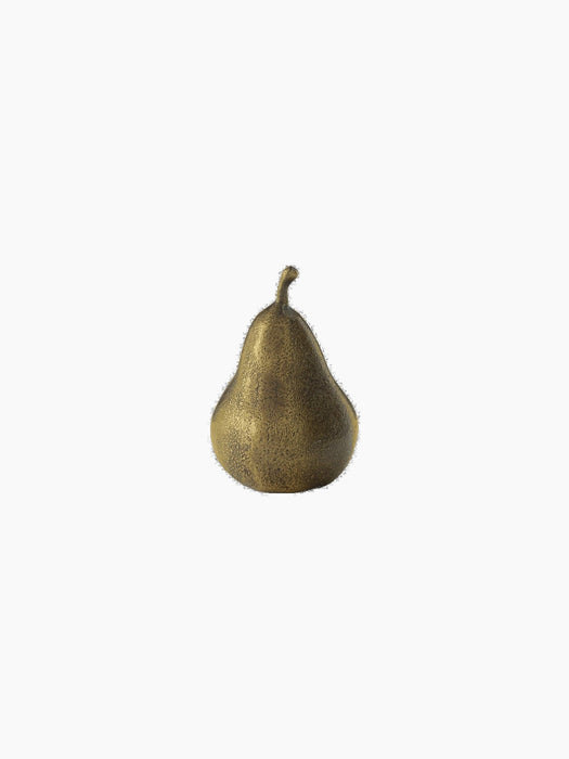 A pear-shaped paperweight, the Sentiment Paper Weight, made of textured antiqued brass, isolated on a black background.