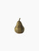 A pear-shaped paperweight, the Sentiment Paper Weight, made of textured antiqued brass, isolated on a black background.