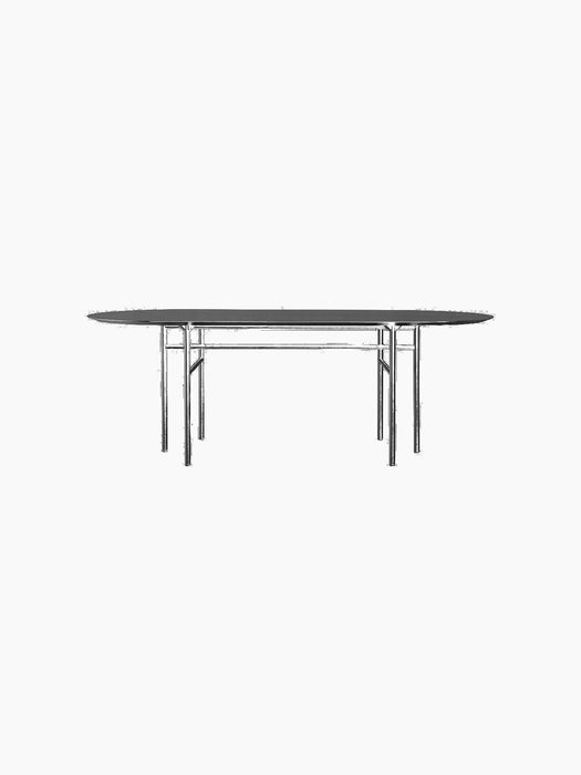 A front view of the minimalist Snaregade Oval Table in black veneer with its sleek oval top and intricate steel leg frame.
