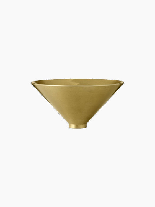 Front view of the Taper Bowl in brushed brass. The conical bowl has a wide rim and a narrow base against a black background.
