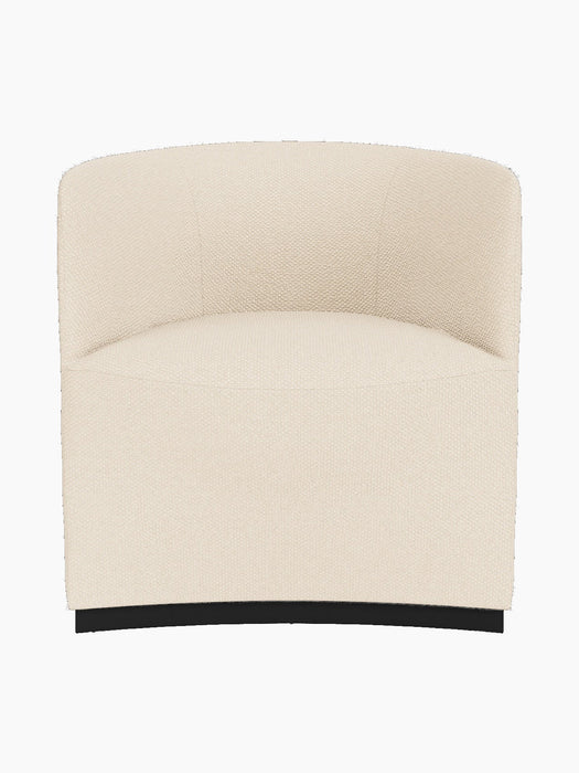 A front view of the Tearoom Club Chair upholstered in a textured, light cream Logan Jasmine fabric, on a recessed dark base.