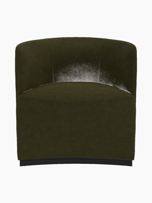 Front view of the sculptural Tearoom Club Chair, upholstered in a soft, dark olive-green fabric on a recessed dark base.