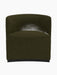 Front view of the sculptural Tearoom Club Chair, upholstered in a soft, dark olive-green fabric on a recessed dark base.