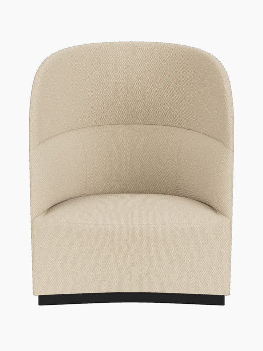 Front view of the Tearoom Lounge Chair, High Back, upholstered in a textured Logan Sand fabric, on a dark, recessed base.