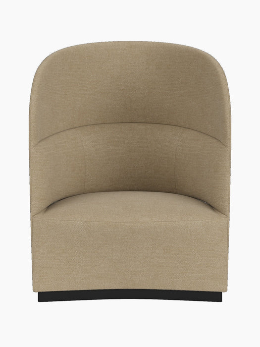 Front view of the Tearoom Lounge Chair, High Back upholstered in light brown Audo Bouclé 02, set against a black background.
