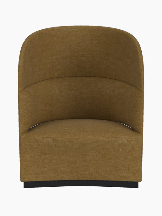 A front-on view of the Tearoom Lounge Chair, High Back, upholstered in a textured, brownish-gold Audo Bouclé 06 fabric.