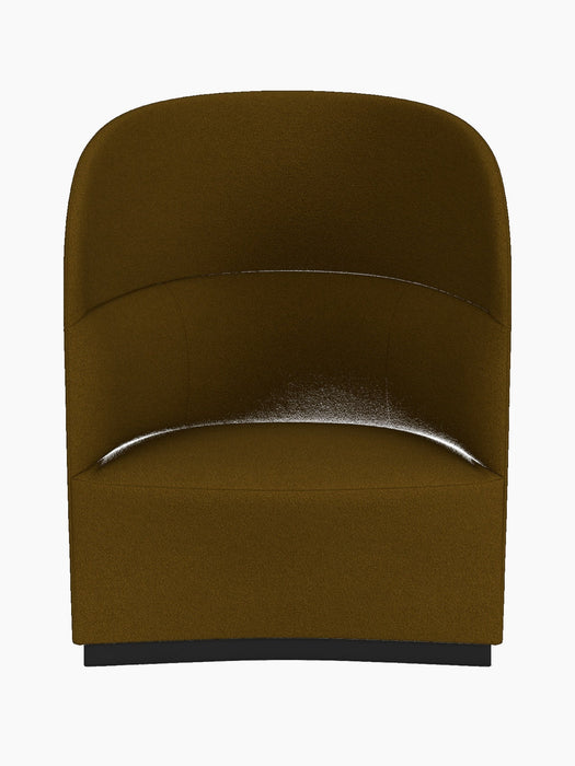An overhead view of the Tearoom Lounge Chair, High Back, upholstered in a mustard textured fabric against a black background.