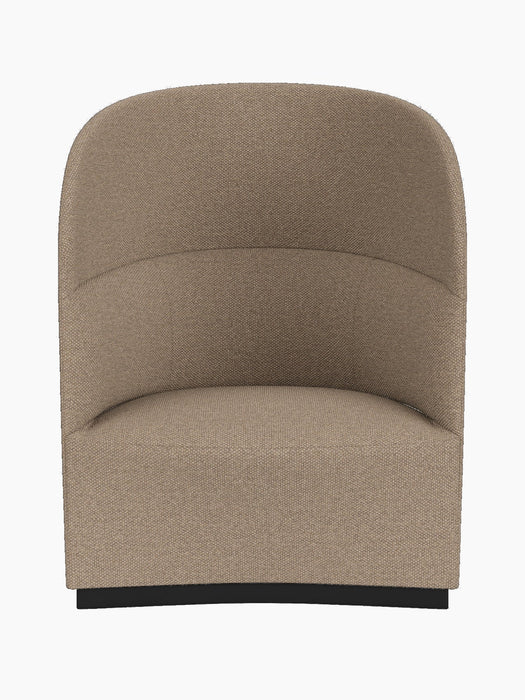 A front-on view of the Tearoom Lounge Chair, High Back, upholstered in textured Logan Flint fabric on a black base.