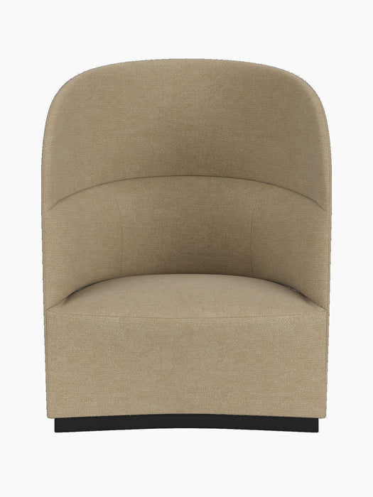 Front view of the Tearoom Lounge Chair, High Back, upholstered in beige Audo Bouclé 02 fabric, against a black background.
