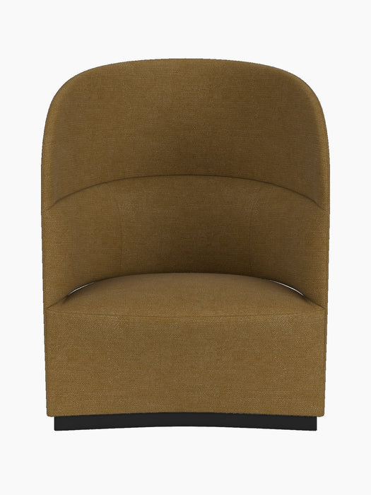 Front view of the Tearoom Lounge Chair, High Back, fully upholstered in a textured, brownish-gold Audo Bouclé 06 fabric.