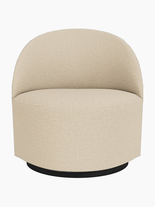 Front view of the Tearoom Lounge Chair, Swivel w/Return, upholstered in Logan Sand fabric with a rounded back and base.