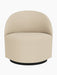 Front view of the Tearoom Lounge Chair, Swivel w/Return, upholstered in Logan Sand fabric with a rounded back and base.