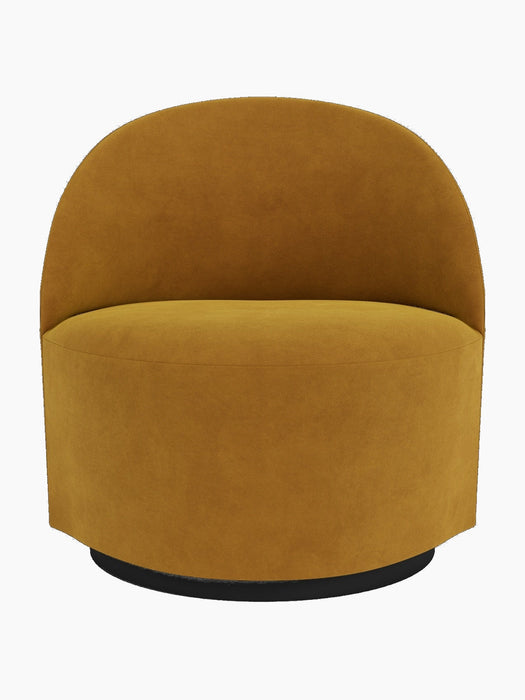 Tearoom Lounge Chair, Swivel w/Return in a mustard-yellow fabric, featuring a curved back and a black swivel base.