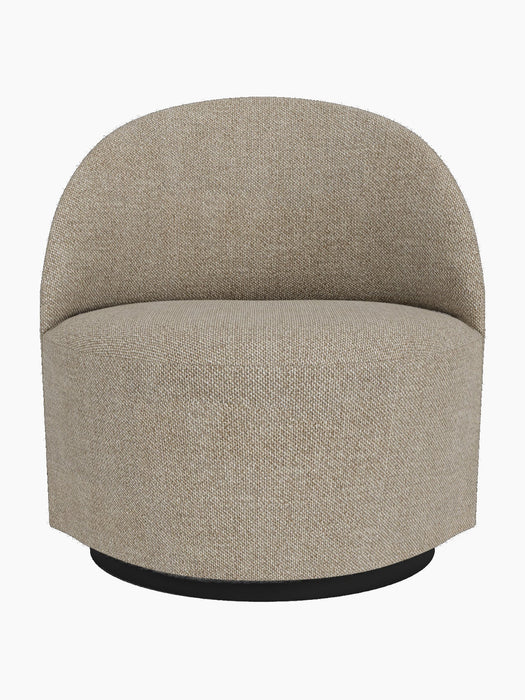 Front view of the Tearoom Lounge Chair, Swivel w/Return, upholstered in a light brown textured fabric on a dark plinth base.