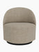 Front view of the Tearoom Lounge Chair, Swivel w/Return, upholstered in a light brown textured fabric on a dark plinth base.