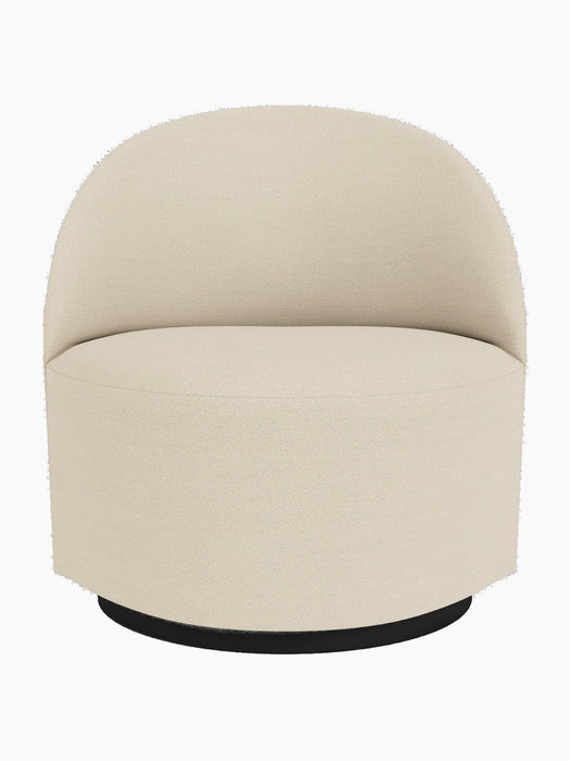 A front view of the Tearoom Lounge Chair, Swivel w/Return, upholstered in light beige Hallingdal 200 fabric on a black base.