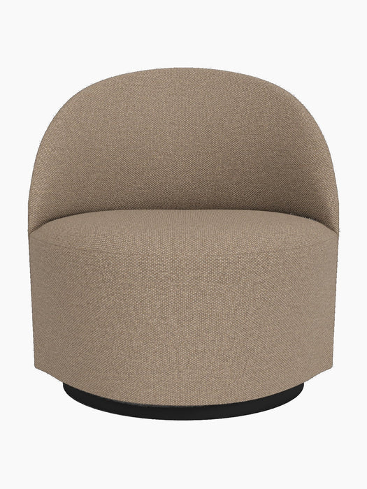 Front view of the Tearoom Lounge Chair, Swivel w/Return in textured, light brown Logan Flint fabric on a black base.