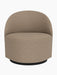 Front view of the Tearoom Lounge Chair, Swivel w/Return in textured, light brown Logan Flint fabric on a black base.