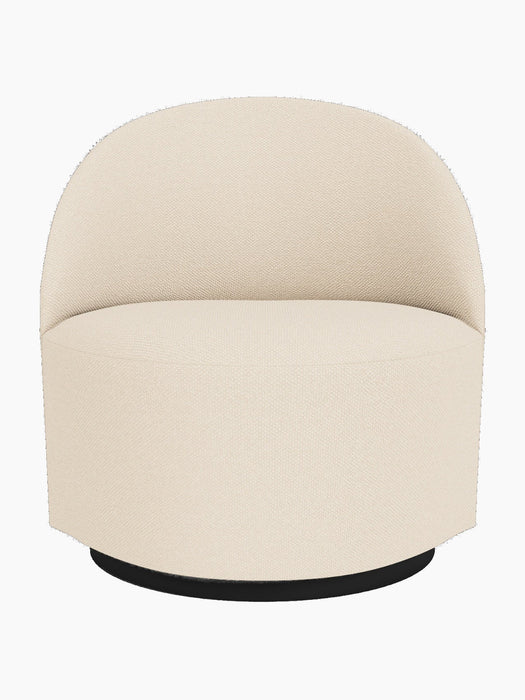 Front view of Tearoom Lounge Chair, Swivel w/Return in a textured, light cream Logan Jasmine fabric on a black swivel base.