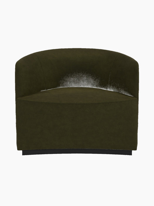 Front view of the Tearoom Lounge Chair in dark olive-green fabric. It has a curved backrest and a thick, comfortable seat.