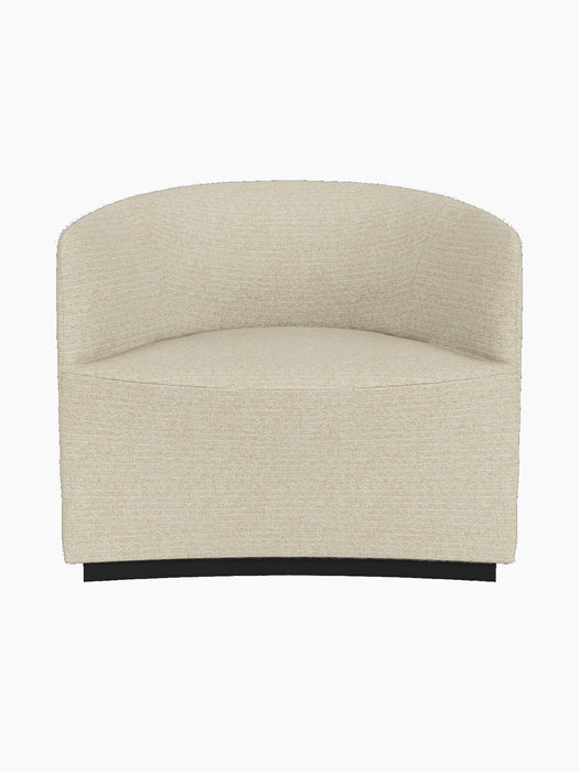 Front view of the Tearoom Lounge Chair upholstered in a light beige Savanna 202 fabric, with a curved back on a dark base.
