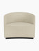 Front view of the Tearoom Lounge Chair upholstered in a light beige Savanna 202 fabric, with a curved back on a dark base.