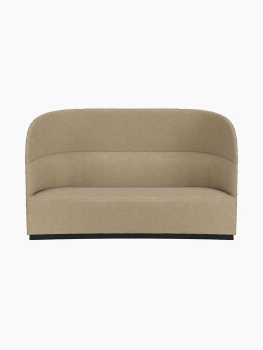Front-on view of the Tearoom Sofa, High Back, upholstered in a beige Audo Bouclé 02 fabric, on a black background.