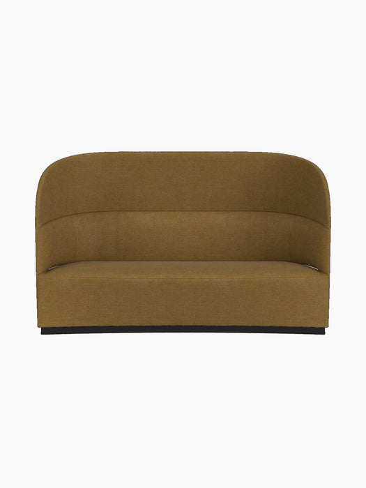 Front view of the Tearoom Sofa, High Back, upholstered in a brownish-gold Audo Bouclé 06 fabric, on a black background.