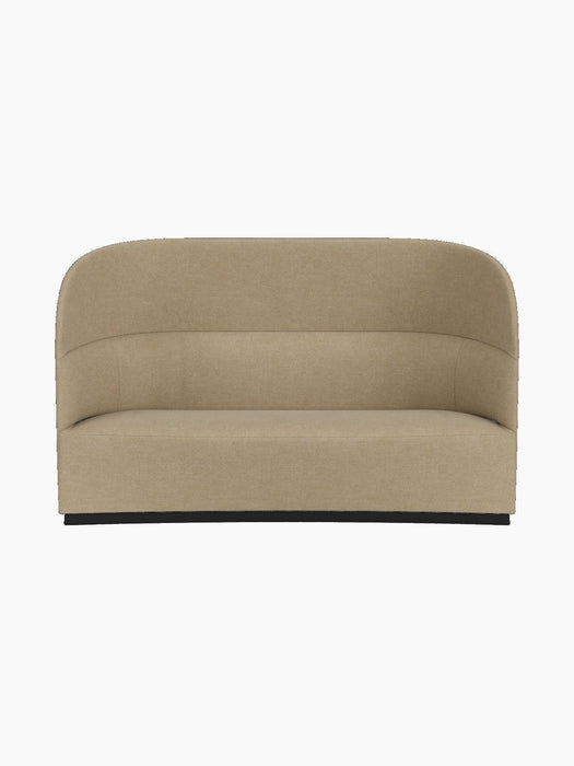 Front view of the Tearoom Sofa, High Back in a sandy-coloured Audo Bouclé 02 fabric, against a solid black background.
