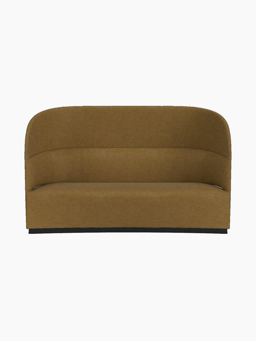 A front view of the Tearoom Sofa, High Back, in golden-brown Audo Bouclé 06 upholstery, set against a plain black background.
