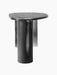 Side view of The Eclipse Desk in black-lacquered oak, showing its asymmetrical tabletop and thick cylindrical steel leg.